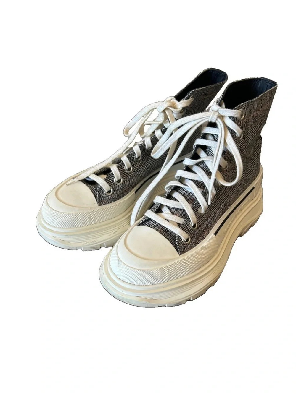 Alexander McQueen Tread Slick High Top Sneakers 37.5 Grey Tweed Platform